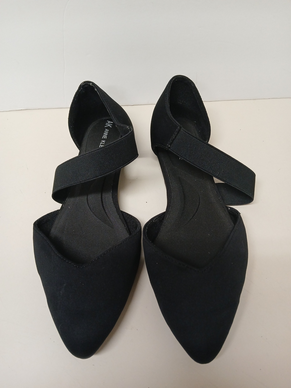 Anne Klein Black Pointed D'Orsay Flats with Diagonal Elastic Strap